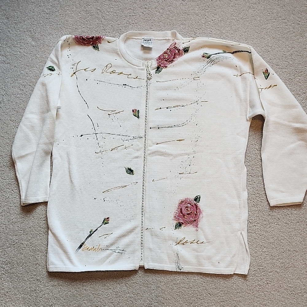 Sarah HAND PAINTED Cream Cardigan with Pink Floral Motifs